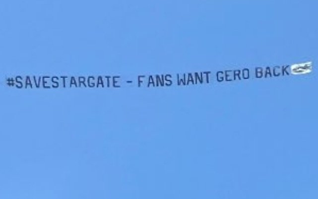 Banner over Amazon MGM, hashtag SaveStargate, fans want Gero back