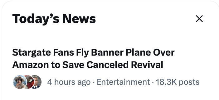 Stargate fans fly banner plane over Amazon, X Today's News, 18.3K posts